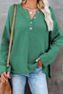 Henley Button Placket Side Slit Drop Shoulder Pullover Knit Sweater